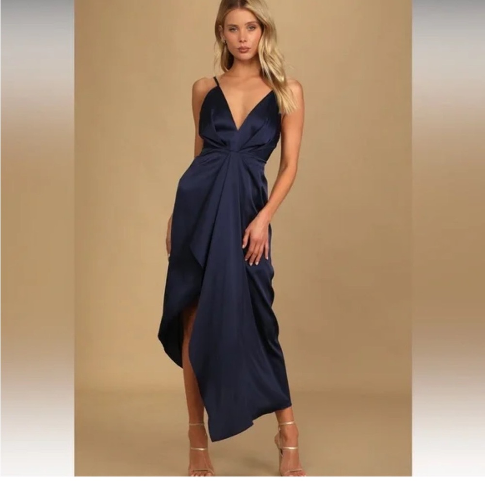 Lulu's Navy Satin High-Low Spaghetti Strap Dress